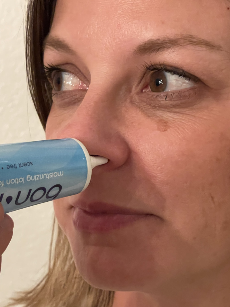 Apply a small amount in the left nostril Apply a small amount in the left nostril